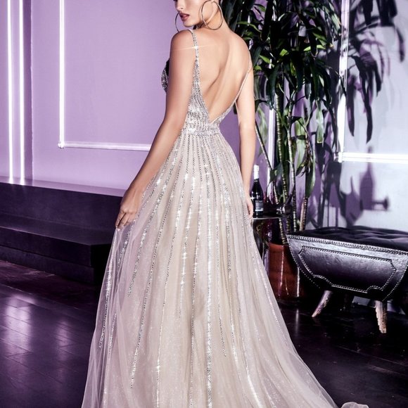 NWT Platinum Prom party evening FORMAL long A-LINE EMBELLISHED TULLE GOWN CD940 - Picture 5 of 7